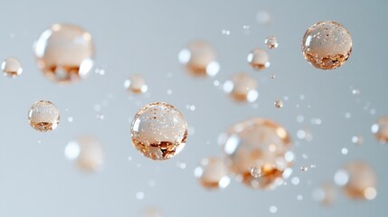 Floating, luminous spheres, evoking skincare and beauty.  Delicate, light-catching orbs, suspended in a soft, diffused light