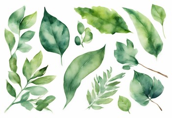 watercolor background white painting branches set isolated green foliage leaf floral illustration ha