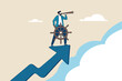 © Sector30 - Leadership to lead company direction, vision to see opportunity, skill to overcome challenge or decision to control and drive growth concept, businessman captain control rudder helm on growth arrow.