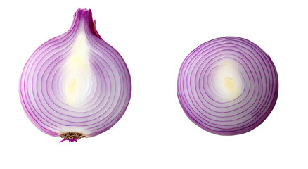 Two halves of a red onion displayed side by side, highlighting the intricate layers and vibrant color, ideal for culinary use