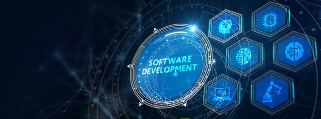Wall Mural - inscription software development on the virtual display. business, modern technology, internet and n