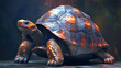 © ธวัชชัย นพพิบูลย์ - A realistic tortoise is shown with a beautifully detailed shell, each segment textured with natural patterns and earthy tones. Its calm, steady gaze and slow, deliberate posture convey a sense of wisd
