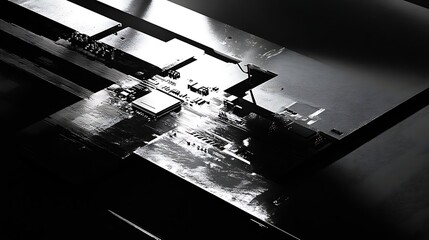 Abstract close-up of a circuit board with intricate details and reflections, set against a dark background