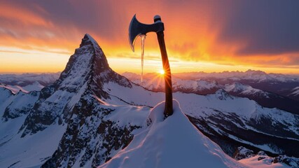 Aufkleber - Majestic Mountain Sunrise with Ice Axe on Snowy Peak Illuminated by Warm Golden Light over Jagged Snow-Covered Mountains