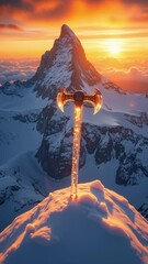 Poster - Majestic Mountain Sunrise with Ice Axe on Snowy Peak Illuminated by Warm Golden Light over Jagged Snow-Covered Mountains