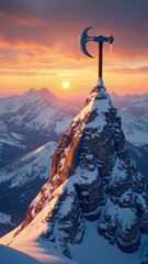 Aufkleber - Majestic Mountain Sunrise with Ice Axe on Snowy Peak Illuminated by Warm Golden Light over Jagged Snow-Covered Mountains