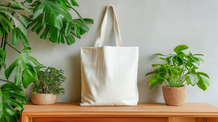 minimalist blank tote bag displayed on a wooden surface