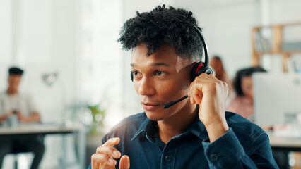 Leinwandbilder - Contact us, headset and support with man in call center for assistance, help or lead generation. Communication, crm and microphone with virtual assistant at work in customer service for feedback