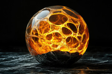 Poster - Glowing orb with an intricate cell-like structure sits on a dark, marbled surface against a stark black backdrop.