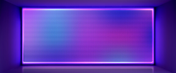 Blue led screen mockup in room. Vector realistic illustration of neon purple light stage panels, tv show, stadium, concert or night club wall equipment, lcd display with color dots, color lamps grid