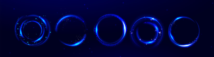 Wall Mural - blue neon glowing circles set on dark background - futuristic round frames, shiny rings with stars, 