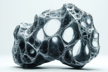 Poster - A porous, web-like structure with numerous openings, appearing as a detailed abstract form in grayscale against a bright background.