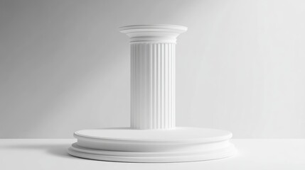 Poster - Single white classical column on a round pedestal against a light gray background.