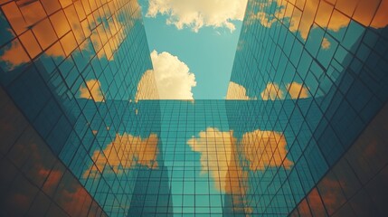 Poster - Sky reflection in modern glass building, low angle view.