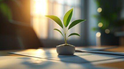 Poster - Small plant in pot on desk near window, sunlight.