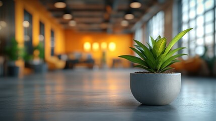 Poster - Small potted plant on a concrete floor in a modern, bright office.