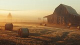 Rustic farm background an old wooden barn hay bales scattered across the field and a soft sunrise ideal for agriculture related websites sustainable farming projects and organic food branding