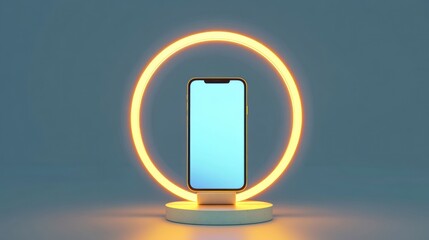 Fototapete - Smartphone with blank screen displayed in a glowing neon ring.