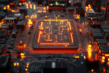 Poster - Intricate computer circuit board with glowing orange pathways, representing advanced technology and digital processing power in detail.