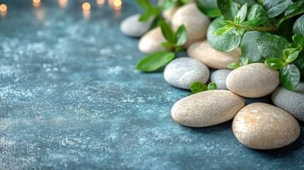 Poster - Smooth stones and green leaves on a blue textured surface with soft bokeh lights.