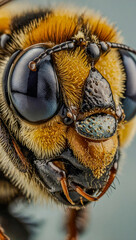 close-up of a bee’s face in macro photography.