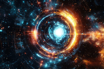 Poster - A vibrant, swirling vortex of light and technology, converging into a central point of intense energy in space.