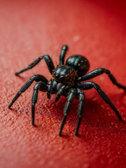 Wall Mural - Close-up of a black spider on a red surface.