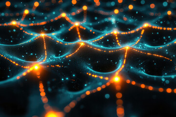 Poster - Abstract illustration with glowing orange lights connecting a teal network, suggestive of technology, data, or digital connections.
