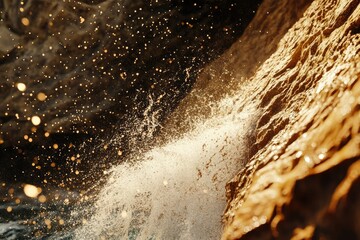 Poster - Water splashing against a golden rock face, creating a dramatic, sunlit scene.