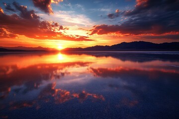 Aufkleber - Fiery sunset over a calm lake, reflecting vibrant colors in the sky and mountains.