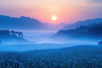 Aufkleber - Serene sunrise over misty mountains and rice paddies, a breathtaking view.