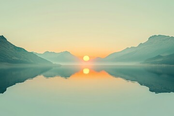 Aufkleber - Serene sunrise over tranquil lake mirroring majestic mountains, creating a peaceful and idyllic landscape.