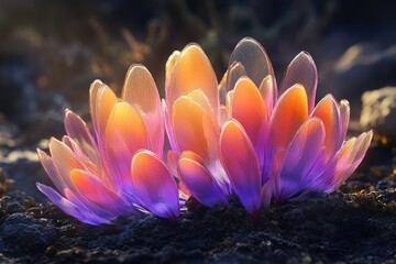 Poster - Vibrant, translucent, flower-like structures in a dark, earthy setting, glowing with warm and cool hues.