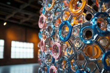 Fototapete - A 3D abstract artwork of interconnected colorful rings, creating a complex and visually stunning network.