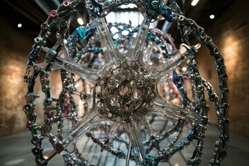 Fototapete - Intricate metal and transparent acrylic sculpture, resembling a complex gear system or molecular structure.