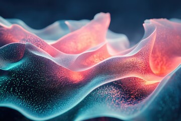 Fototapete - Abstract digital landscape with flowing, glowing waves of pink and teal, speckled with light.