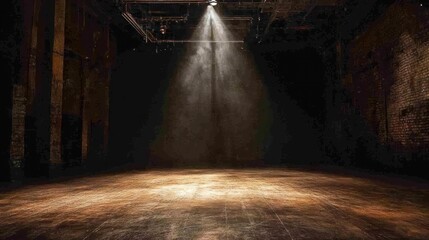 Poster - Spotlight illuminating empty dark stage with wooden floor and brick walls.