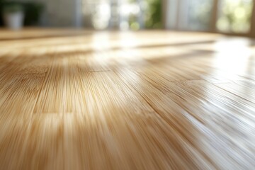 Fototapete - Sunlight illuminates a smooth, light brown bamboo surface, creating a warm and inviting atmosphere.