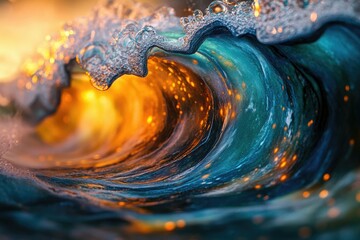 Aufkleber - A mesmerizing wave at sunset, glowing with golden light and vibrant teal hues, captured in exquisite detail.