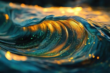 Poster - A mesmerizing close-up of an ocean wave, glowing with golden and teal hues at sunset.