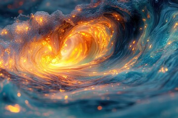 Aufkleber - A mesmerizing digital art depicting a fiery, glowing wave crashing, showcasing vibrant orange and teal hues.