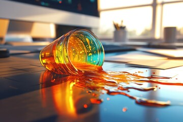 Aufkleber - A glass of vibrant orange liquid spills onto a sleek surface, creating an abstract, mesmerizing scene.