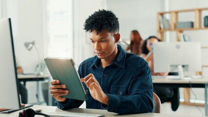 Fototapete - Business, online reading and man in office, tablet and creativity with project, network and connection. Person, journalist and editor in workplace, tech and digital app for ai grammar, pc or schedule