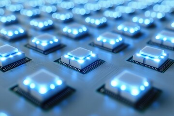 Poster - Numerous illuminated microchips arranged on a circuit board, representing advanced technology and computing power.