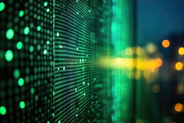 Aufkleber - Abstract image of glowing green digital data streams against a blurred city night backdrop.