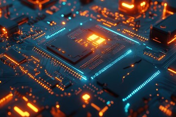 Poster - Close-up of a circuit board with a central processor, glowing with orange and blue lights.