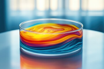 Poster - Vibrant, swirling colors of yellow, orange, red, and blue hues intermingle in a glass bowl, creating a mesmerizing abstract artwork.