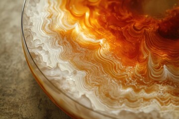 Poster - Abstract swirling patterns of creamy white and rich amber hues create a mesmerizing visual texture in a glass bowl.