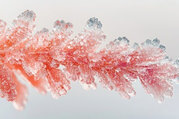Poster - Close-up of a frost-covered branch showcasing intricate ice crystals and delicate pink hues.