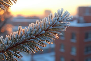 Poster - Frost-covered pine branch at sunrise, showcasing winter's beauty against a blurred cityscape background.